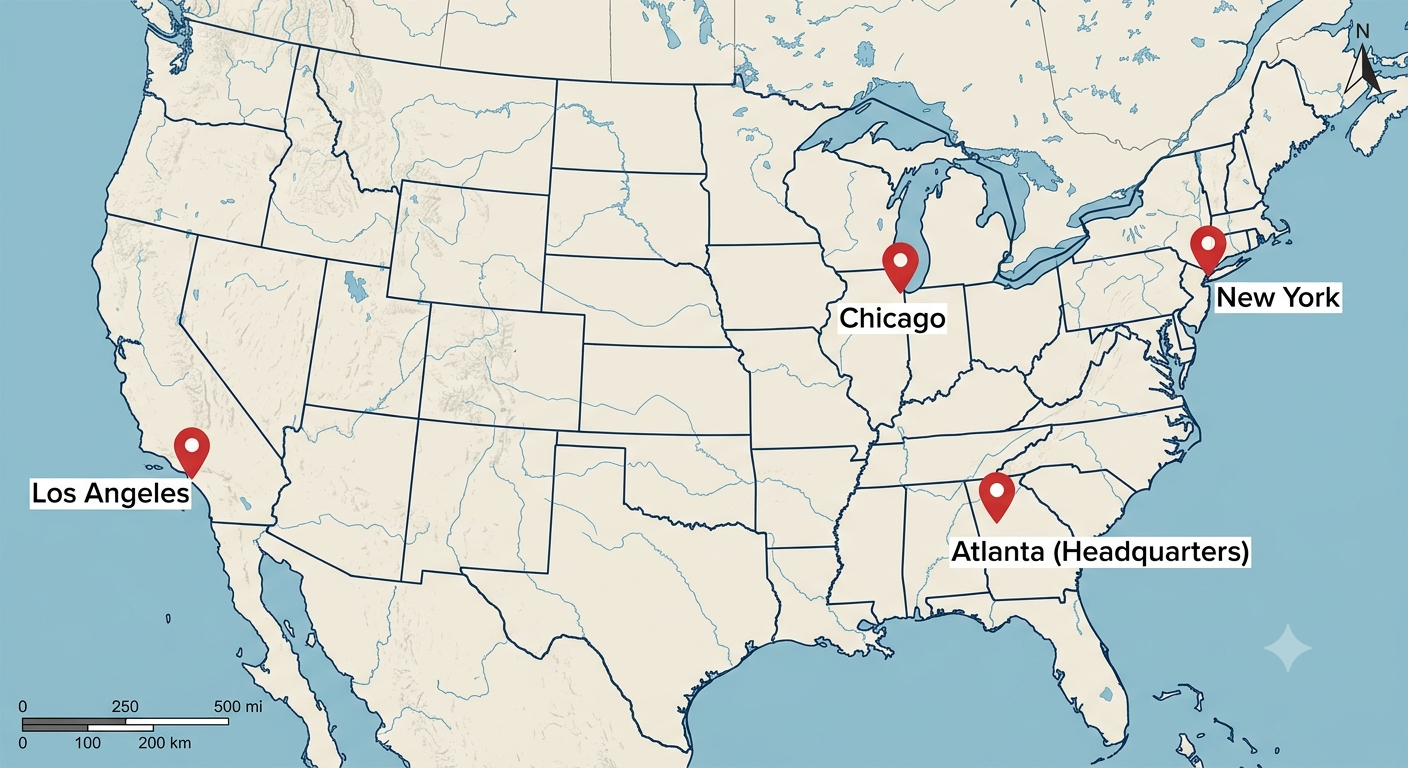 Map of the United States showing Ivy Business Advisors office locations in Los Angeles, Chicago, New York, and Atlanta